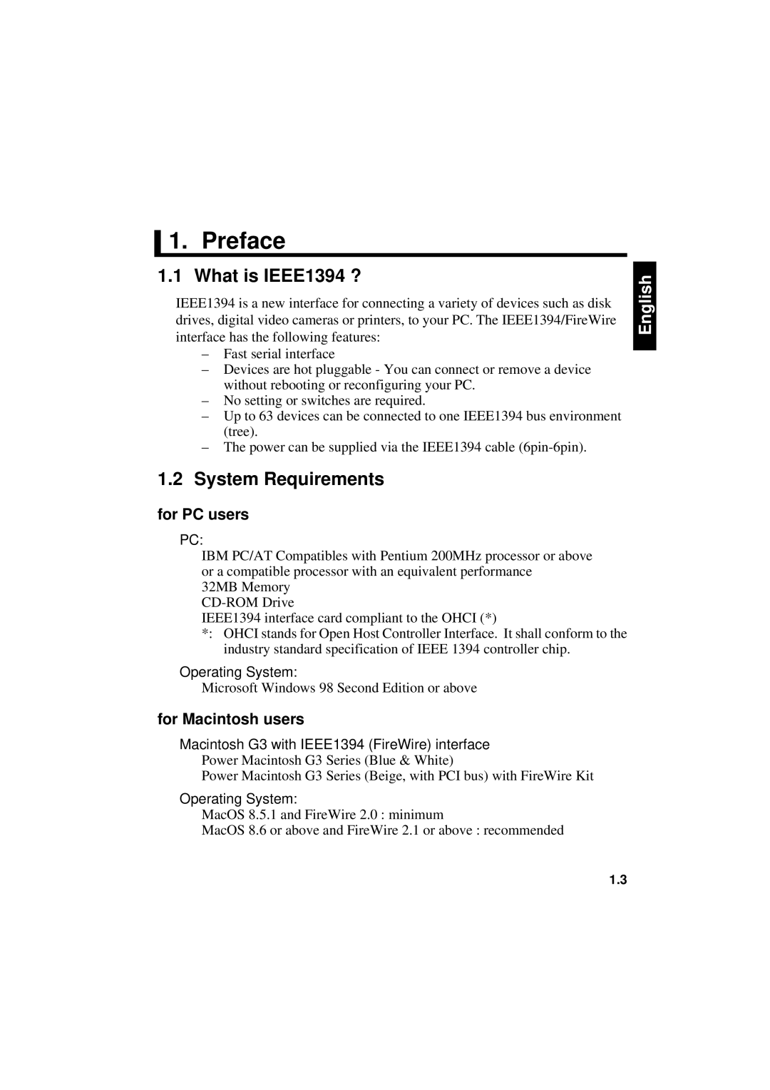 Fujitsu 640FE, 1300FE manual Preface, What is IEEE1394 ?, System Requirements, For PC users, For Macintosh users 