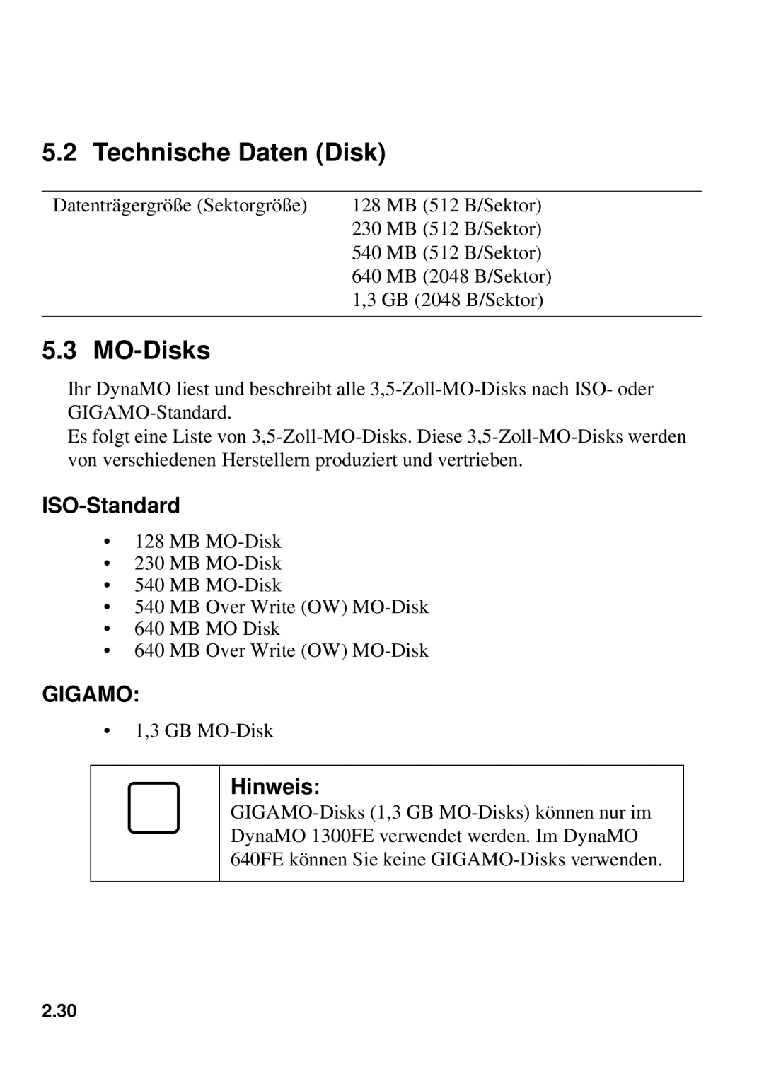 Fujitsu 640FE, 1300FE manual Technische Daten Disk, MO-Disks, ISO-Standard 