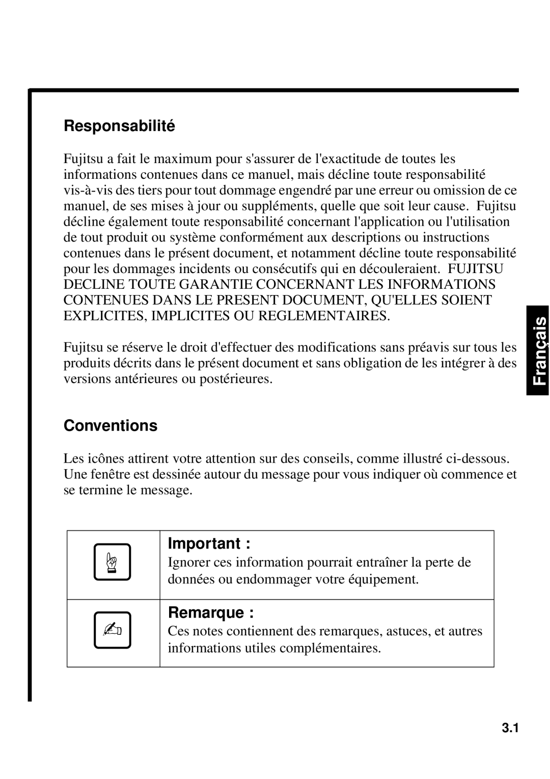 Fujitsu 1300FE, 640FE manual Responsabilité, Remarque 