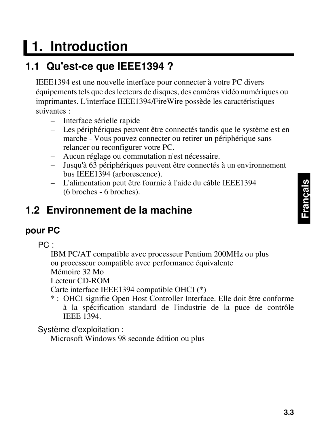 Fujitsu 1300FE, 640FE manual Introduction, Quest-ce que IEEE1394 ?, Environnement de la machine, Pour PC 