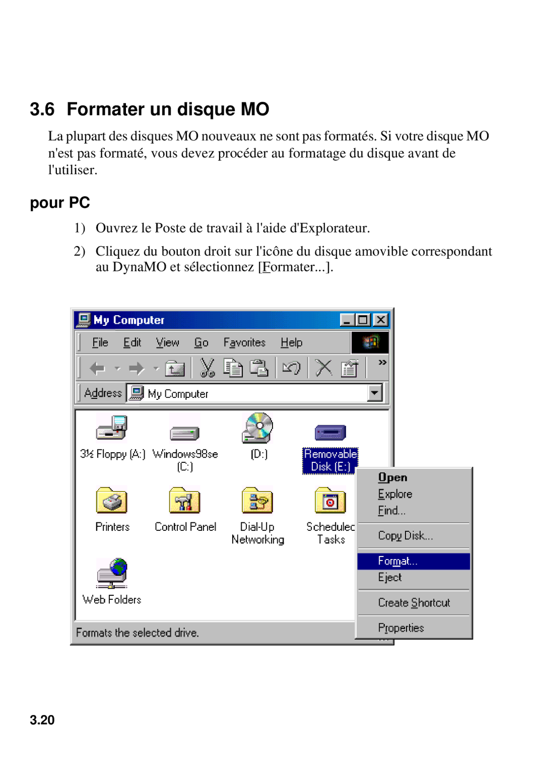 Fujitsu 640FE, 1300FE manual Formater un disque MO, Pour PC 