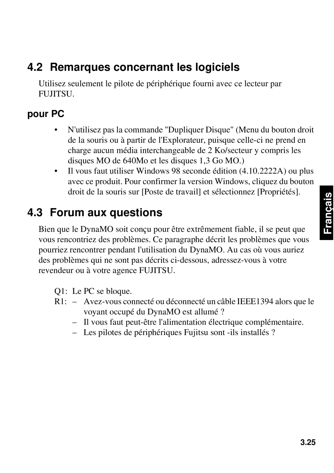 Fujitsu 1300FE, 640FE manual Remarques concernant les logiciels, Forum aux questions 