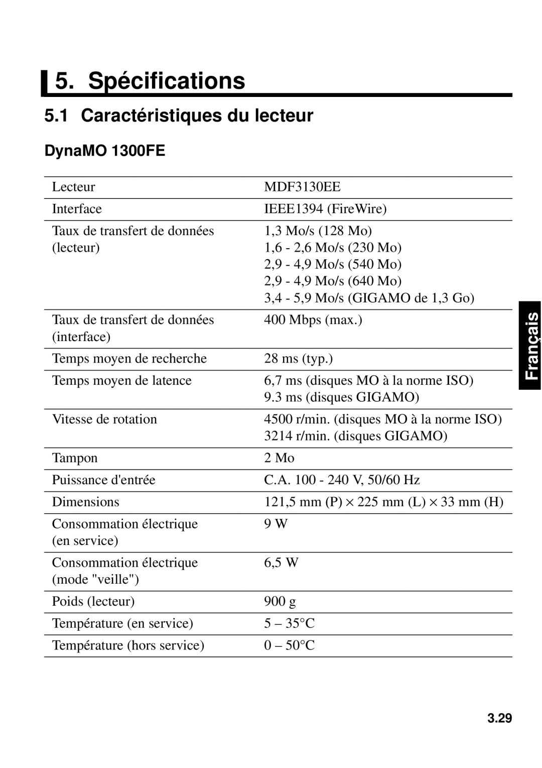 Fujitsu 1300FE, 640FE manual Spécifications, Caractéristiques du lecteur 