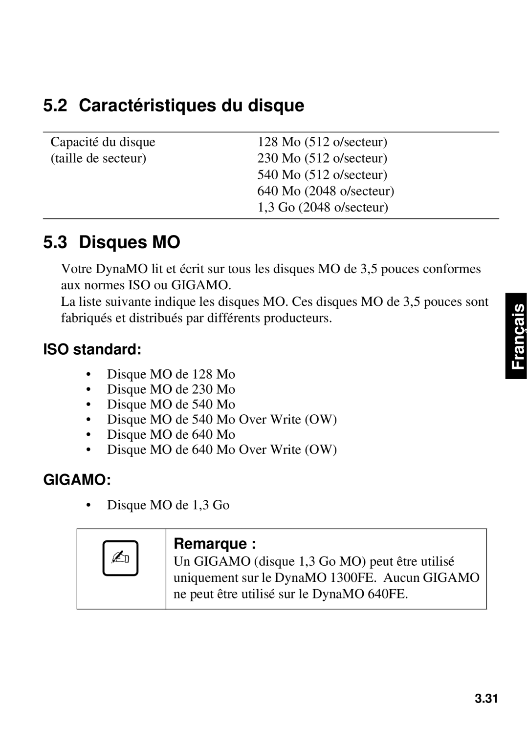 Fujitsu 1300FE, 640FE manual Caractéristiques du disque, Disques MO 