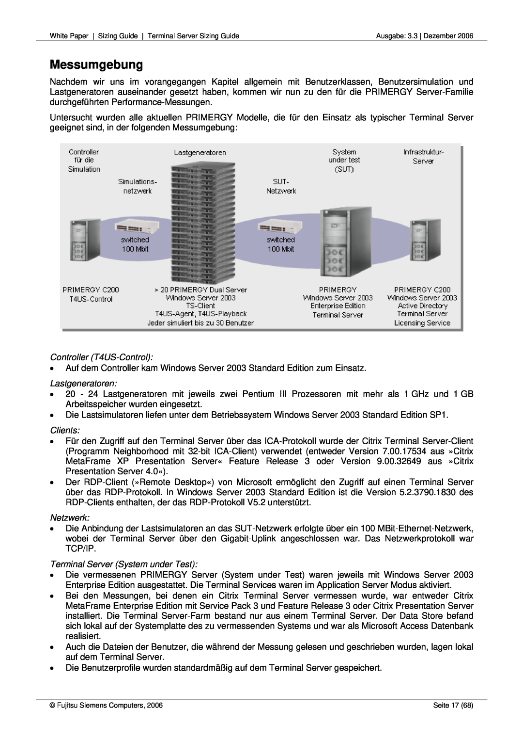 Fujitsu 68 Messumgebung, Controller T4US-Control, Lastgeneratoren, Clients, Netzwerk, Terminal Server System under Test 