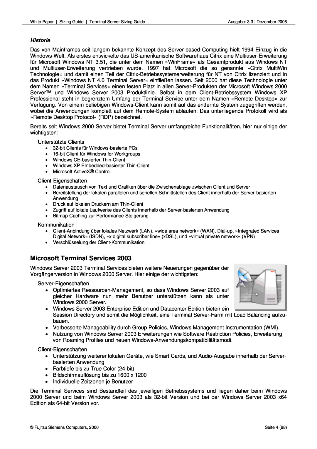Fujitsu 68 manual Microsoft Terminal Services, Historie 