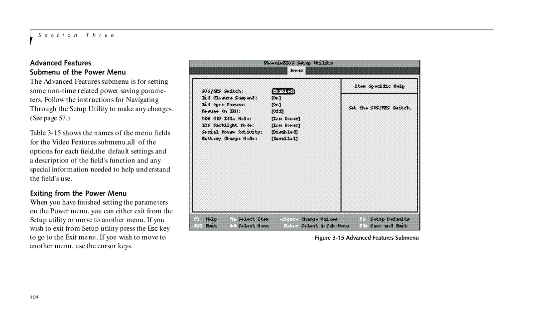 Fujitsu 690TX manual Advanced Features Submenu of the Power Menu, Exiting from the Power Menu 