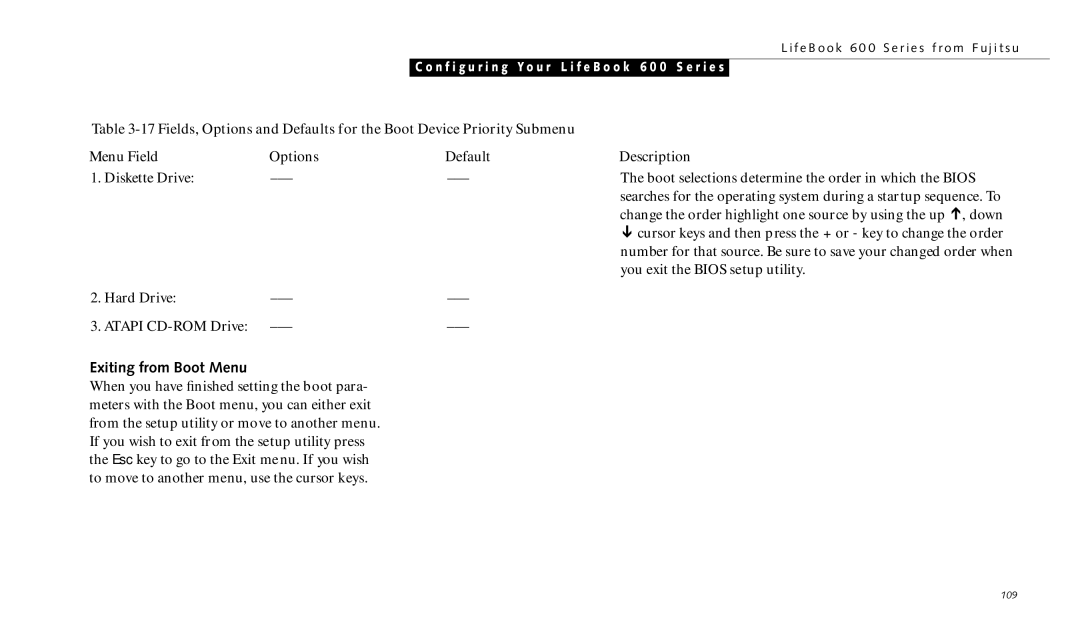 Fujitsu 690TX manual Exiting from Boot Menu 