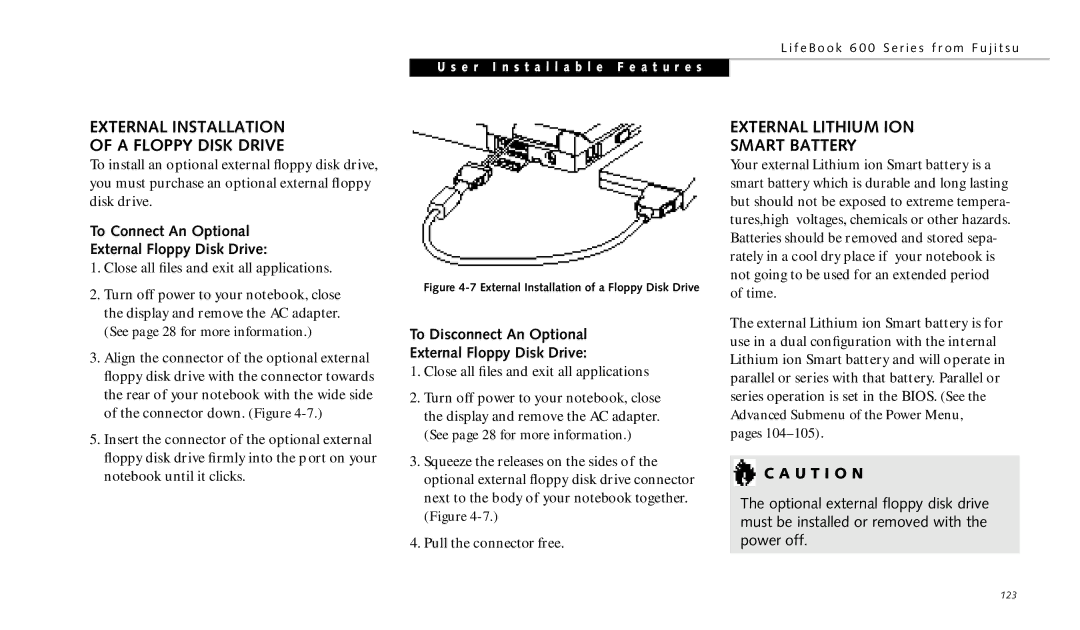 Fujitsu 690TX manual External Installation A Floppy Disk Drive, External Lithium ION Smart Battery 