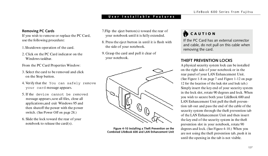 Fujitsu 690TX manual Theft Prevention Locks, Removing PC Cards 