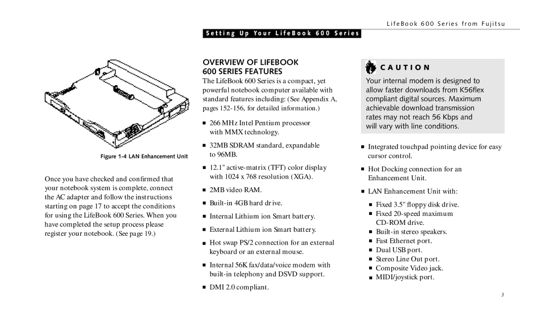 Fujitsu 690TX manual Overview of Lifebook 600 Series Features, LAN Enhancement Unit 