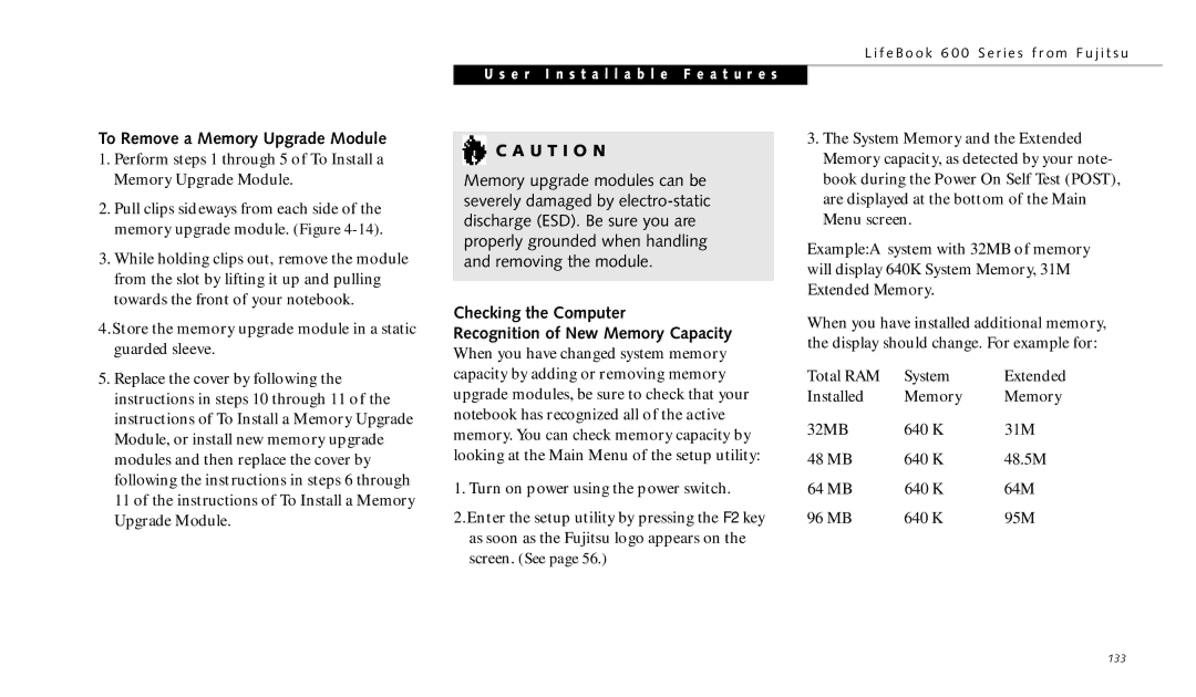 Fujitsu 690TX manual To Remove a Memory Upgrade Module 