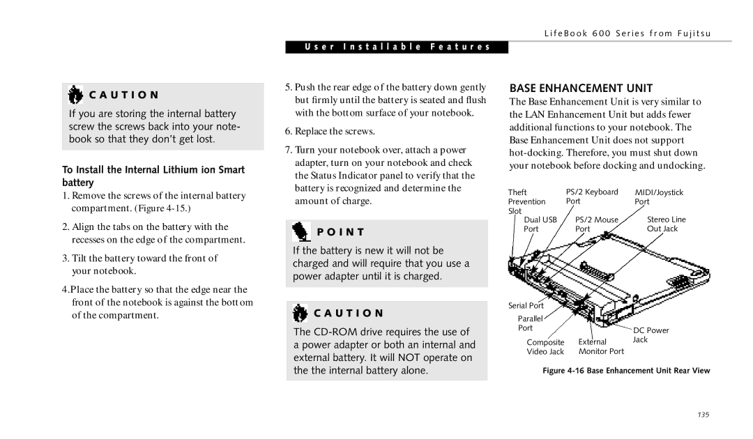 Fujitsu 690TX manual Base Enhancement Unit, To Install the Internal Lithium ion Smart battery 