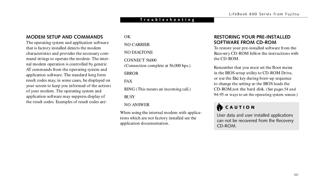 Fujitsu 690TX manual Modem Setup and Commands, Restoring Your PRE-INSTALLED Software from CD-ROM 