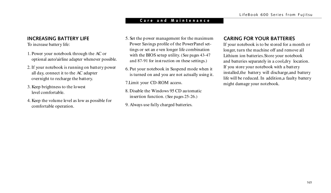 Fujitsu 690TX manual Increasing Battery Life, Caring for Your Batteries 