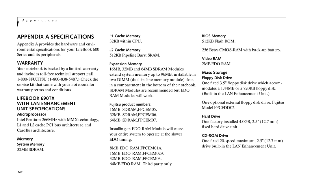 Fujitsu manual Warranty, Lifebook 690TX With LAN Enhancement Unit Specifications, Microprocessor, Memory, Mass Storage 