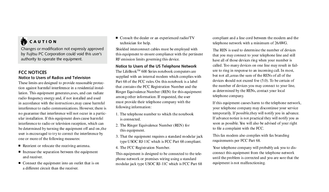 Fujitsu 690TX manual FCC Notices, U T I O N 