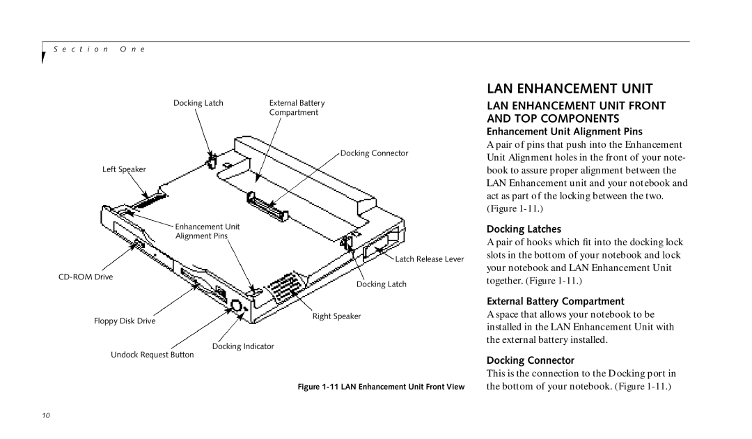 Fujitsu 690TX manual LAN Enhancement Unit Front and TOP Components, Enhancement Unit Alignment Pins, Docking Latches 