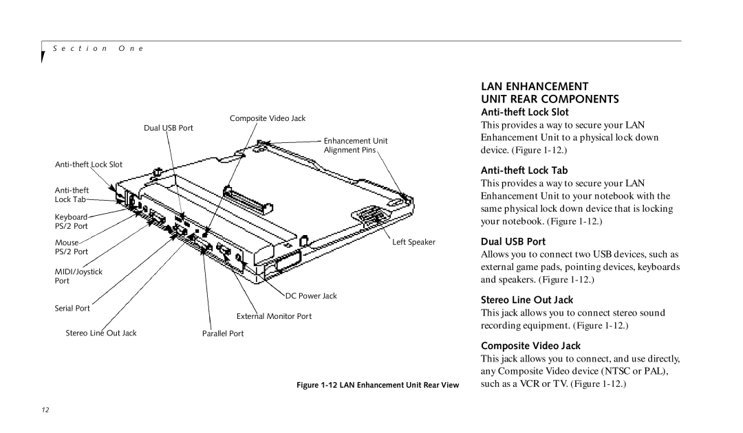 Fujitsu 690TX manual LAN Enhancement Unit Rear Components, Anti-theft Lock Slot, Anti-theft Lock Tab, Stereo Line Out Jack 