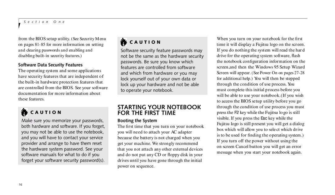 Fujitsu 690TX manual Software Data Security Features, Booting the System 