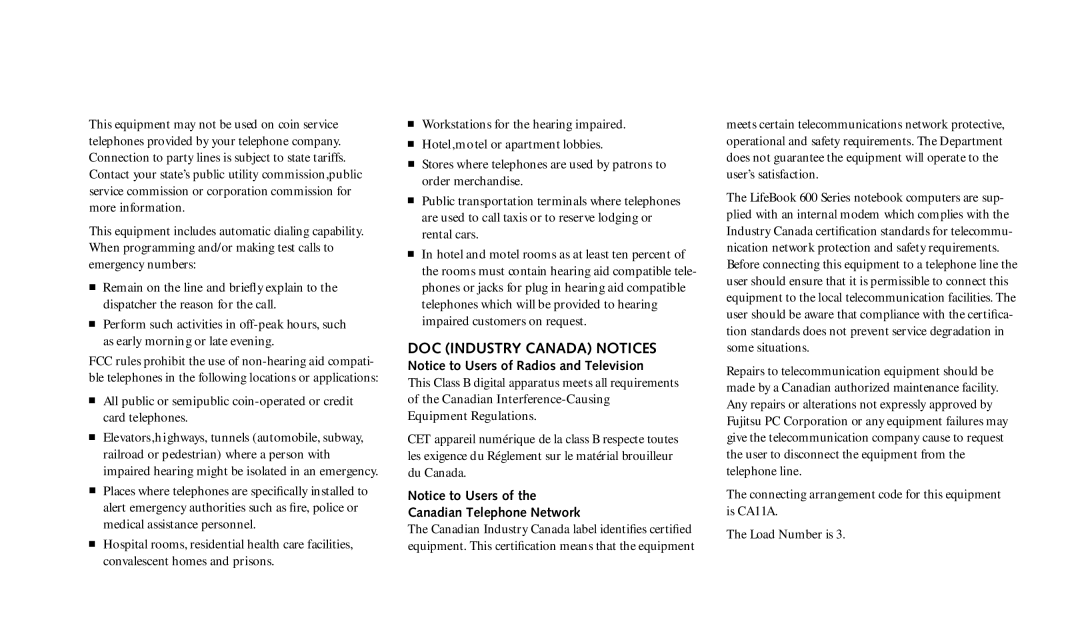 Fujitsu 690TX manual DOC Industry Canada Notices, Canadian Telephone Network 