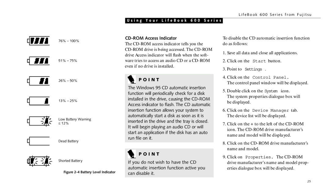Fujitsu 690TX manual CD-ROM Access Indicator, Battery Level Indicator 