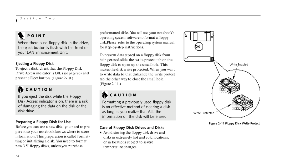 Fujitsu 690TX manual Ejecting a Floppy Disk, Preparing a Floppy Disk for Use, Care of Floppy Disk Drives and Disks 