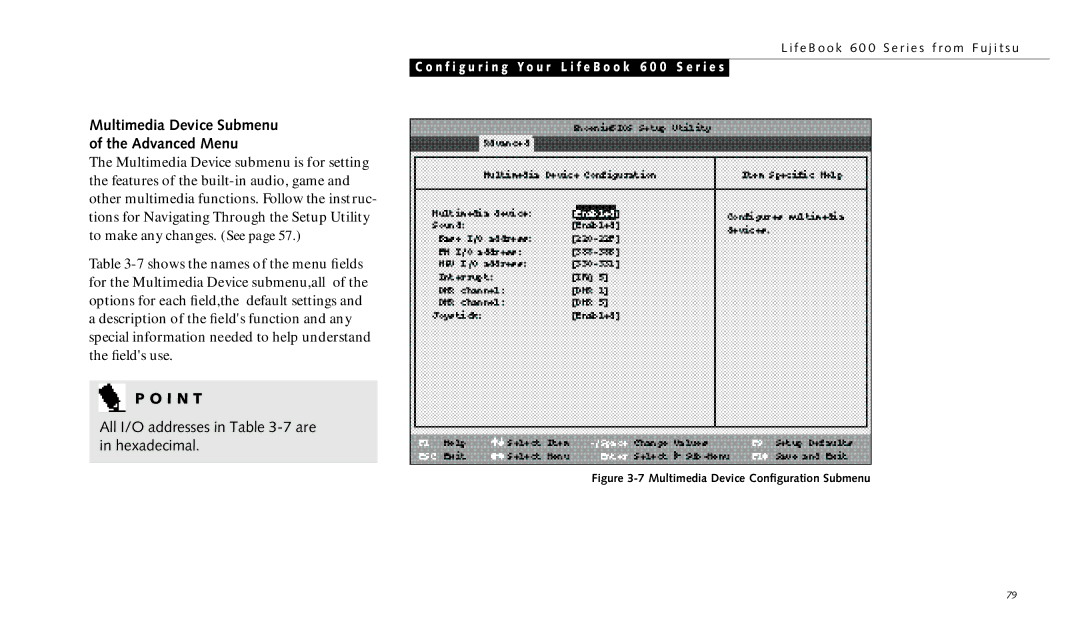 Fujitsu 690TX manual Multimedia Device Submenu Advanced Menu, Multimedia Device Conﬁguration Submenu 