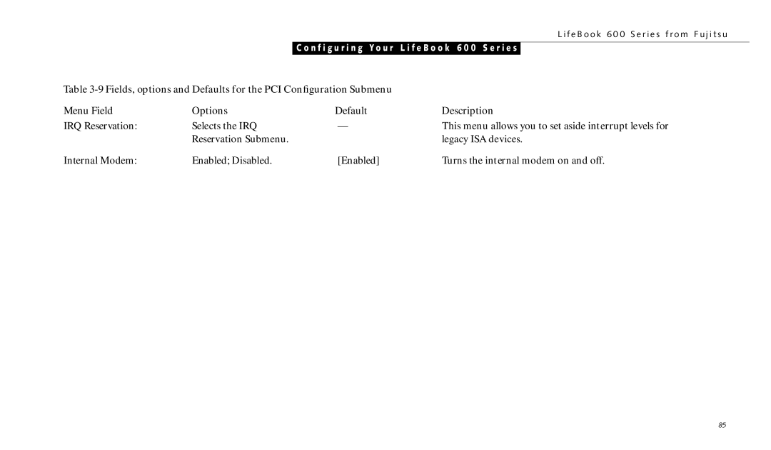 Fujitsu 690TX manual IRQ Reservation Selects the IRQ 