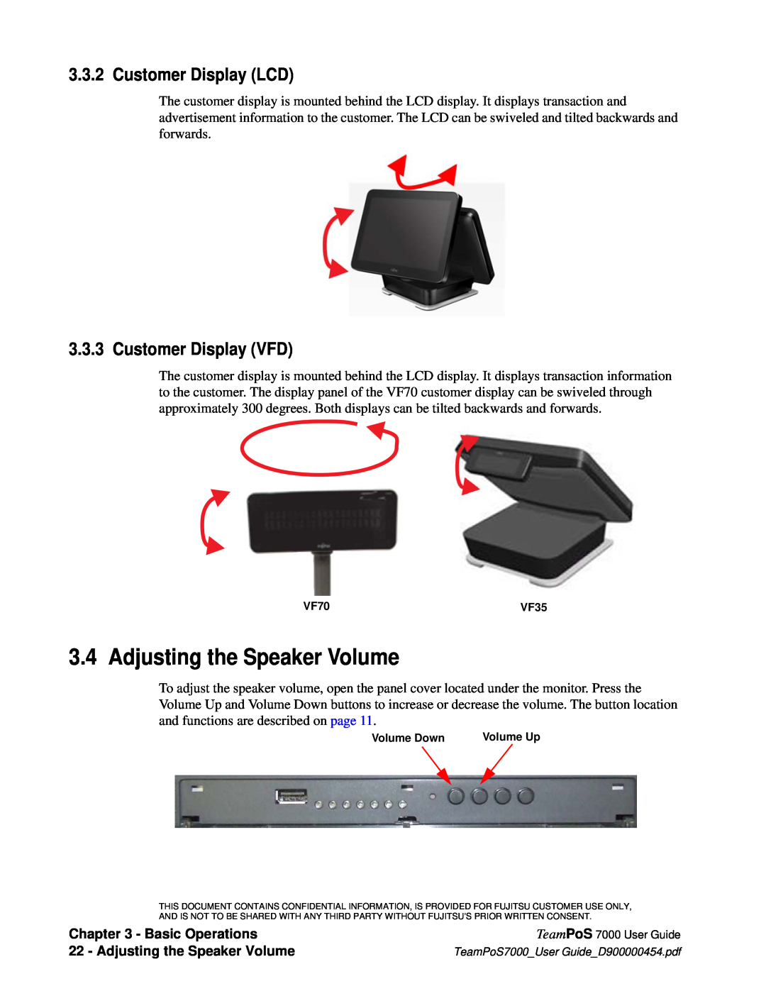 Fujitsu 7000 manual Adjusting the Speaker Volume, Customer Display LCD, Customer Display VFD, Basic Operations 
