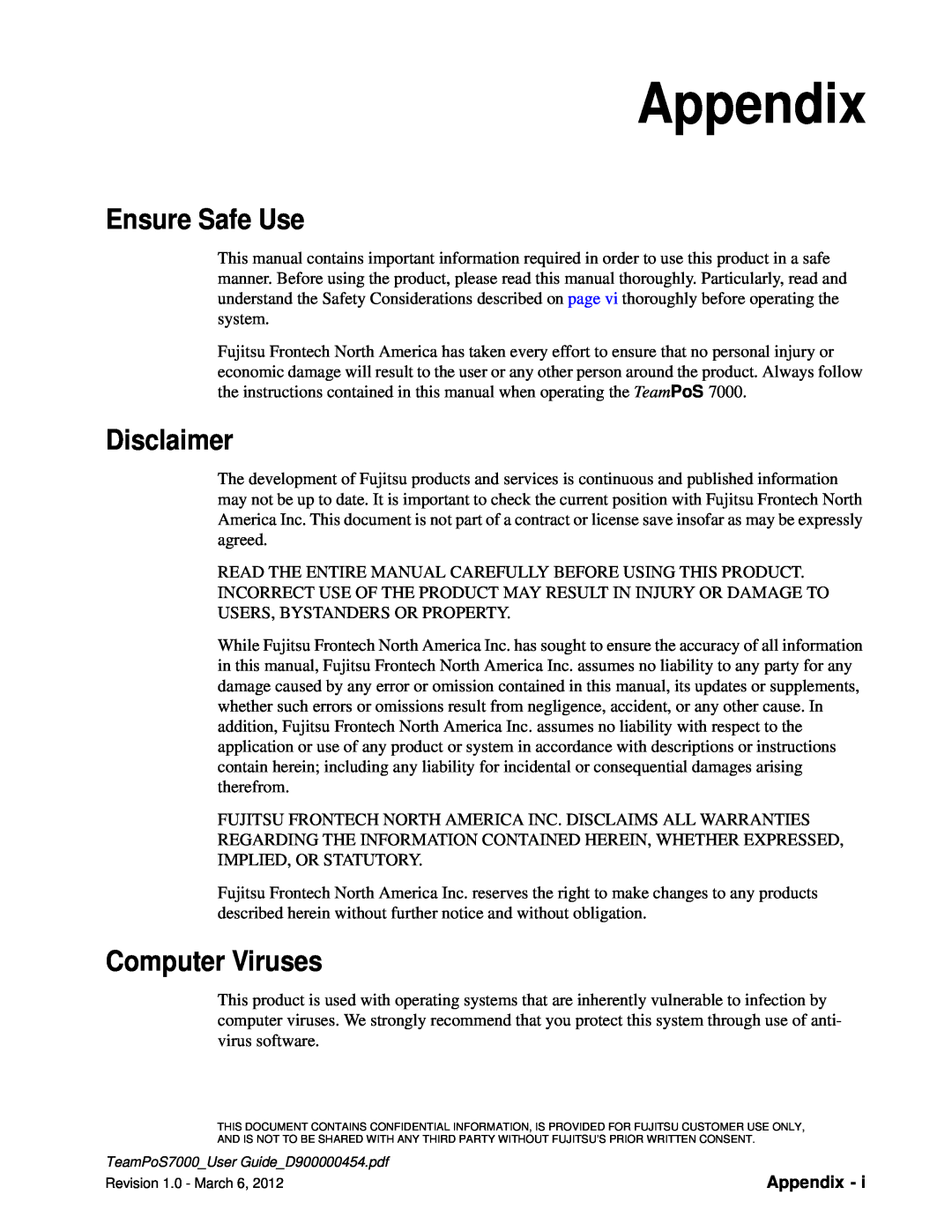 Fujitsu 7000 manual Appendix, Ensure Safe Use, Disclaimer, Computer Viruses 