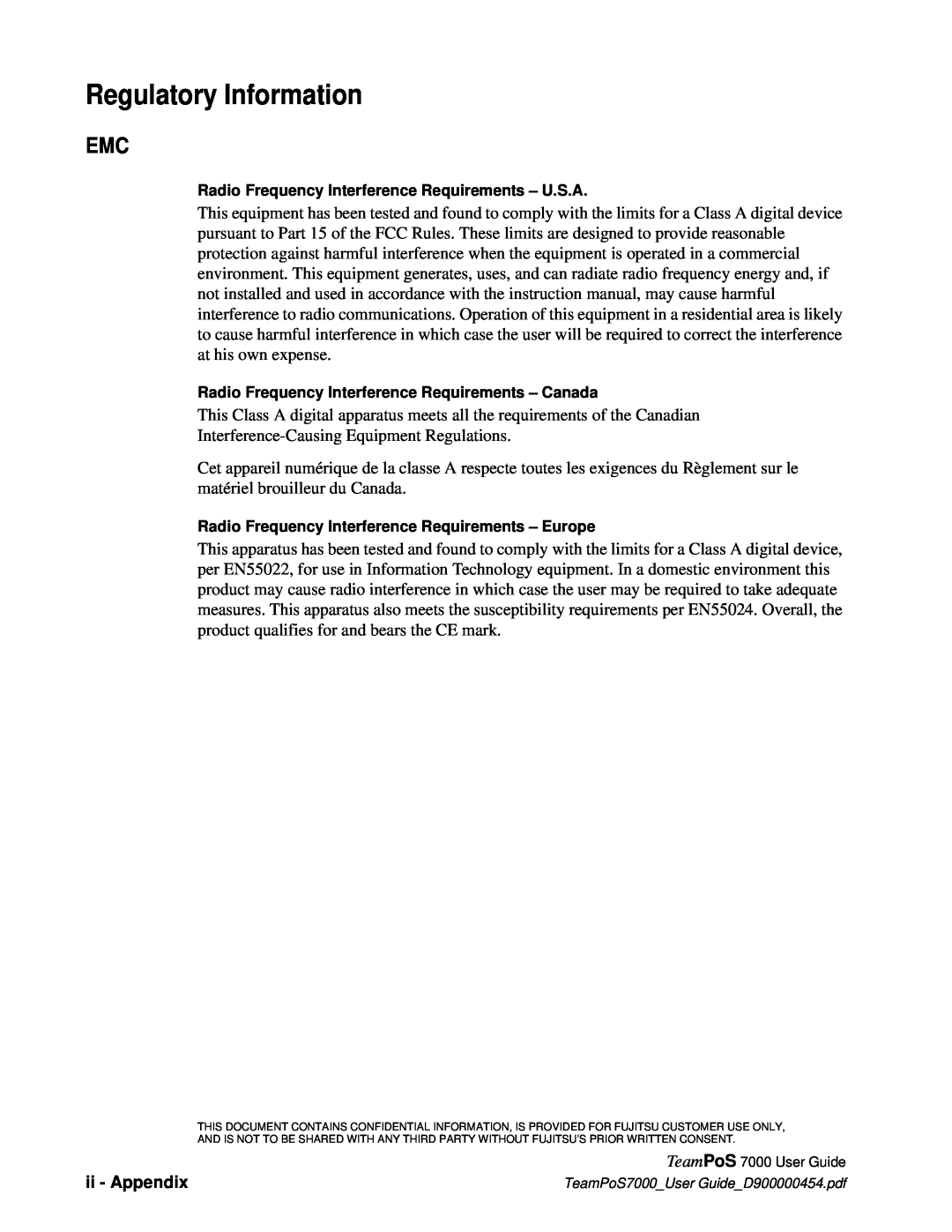 Fujitsu 7000 manual Regulatory Information, ii - Appendix 