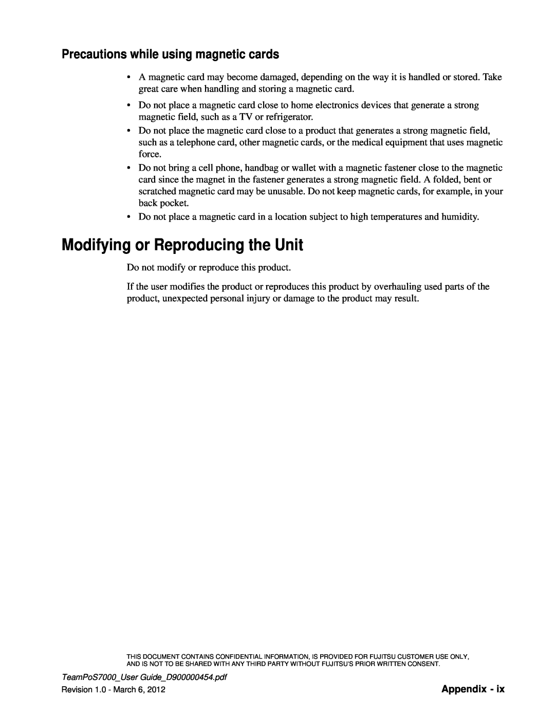 Fujitsu 7000 manual Modifying or Reproducing the Unit, Precautions while using magnetic cards, Appendix 