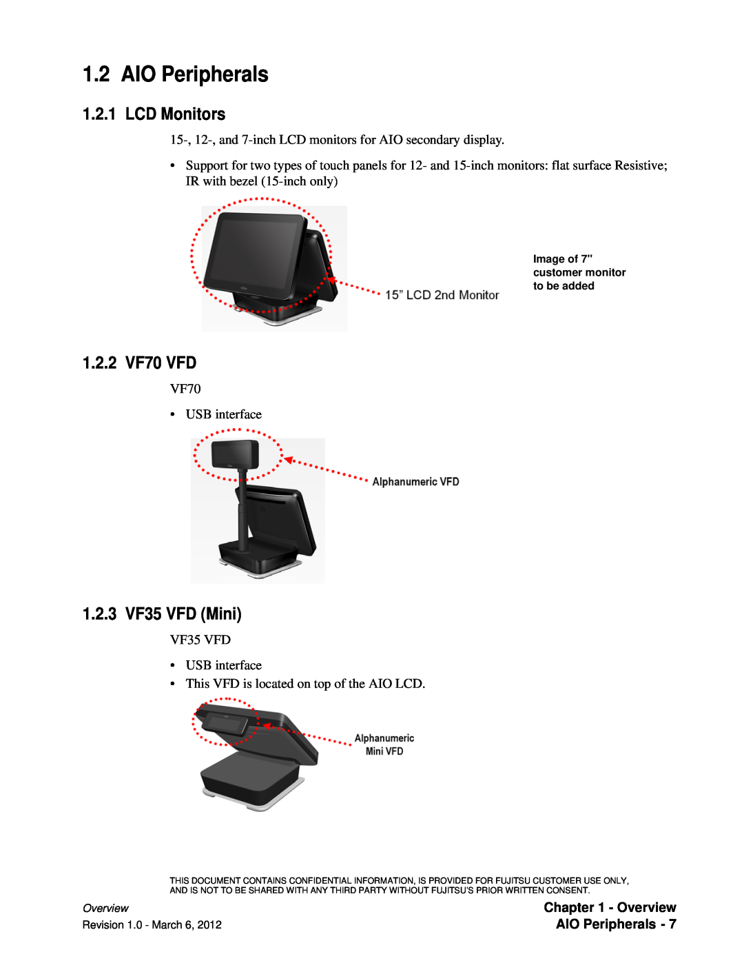 Fujitsu 7000 manual AIO Peripherals, LCD Monitors, 1.2.2 VF70 VFD, 1.2.3 VF35 VFD Mini 
