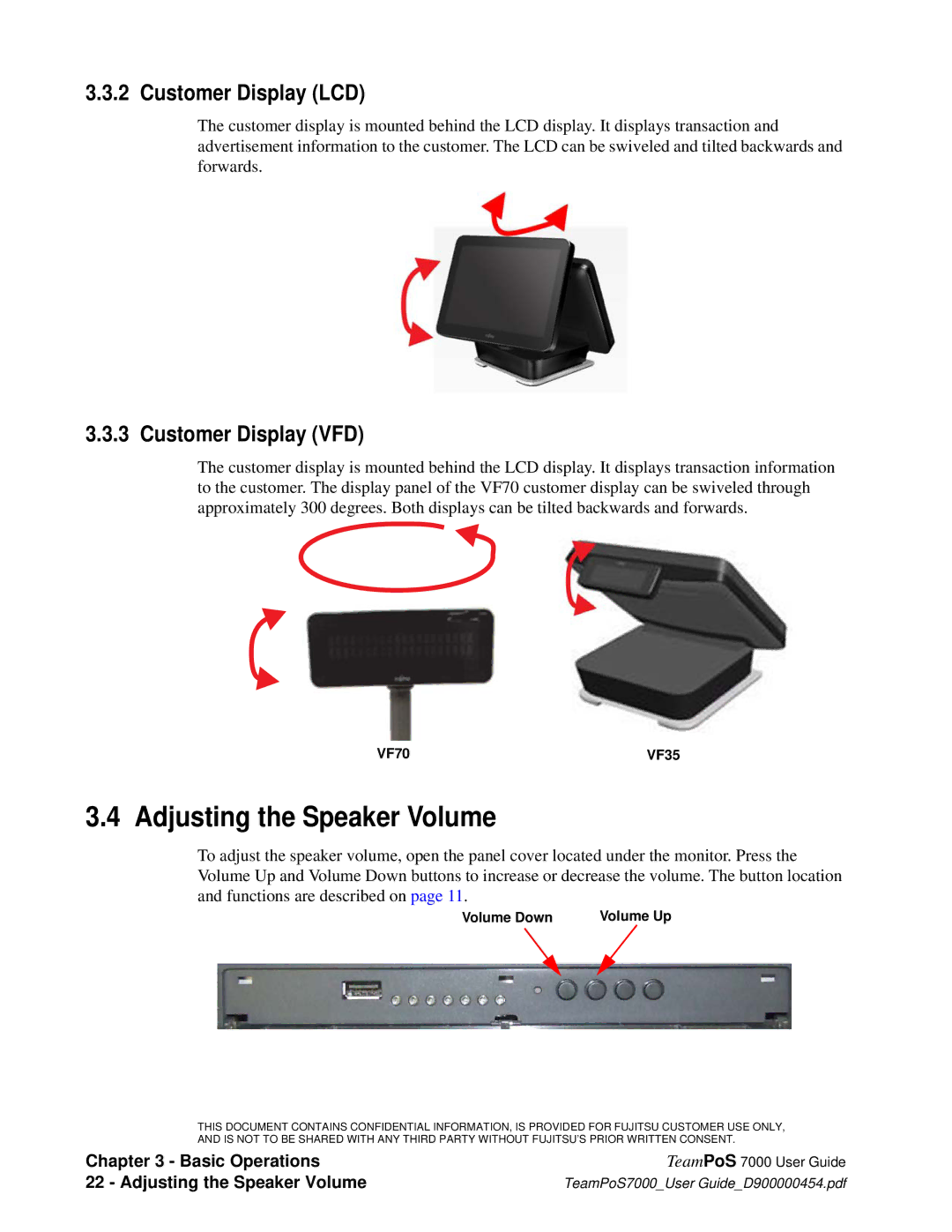 Fujitsu 7000 manual Adjusting the Speaker Volume, Customer Display LCD, Customer Display VFD 