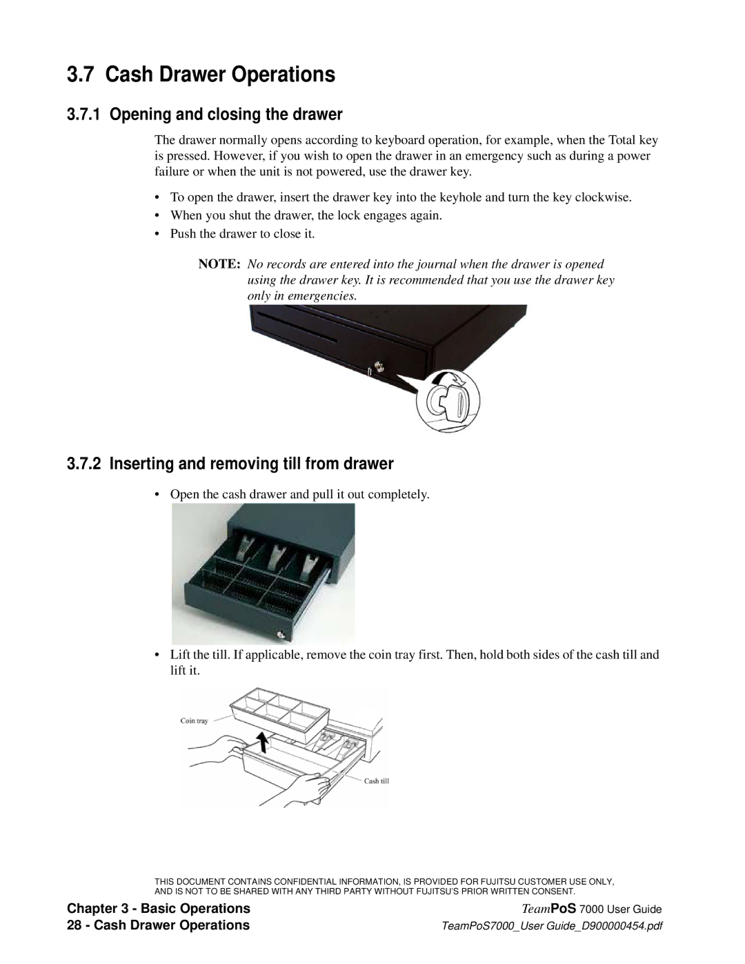 Fujitsu 7000 manual Cash Drawer Operations, Opening and closing the drawer, Inserting and removing till from drawer 