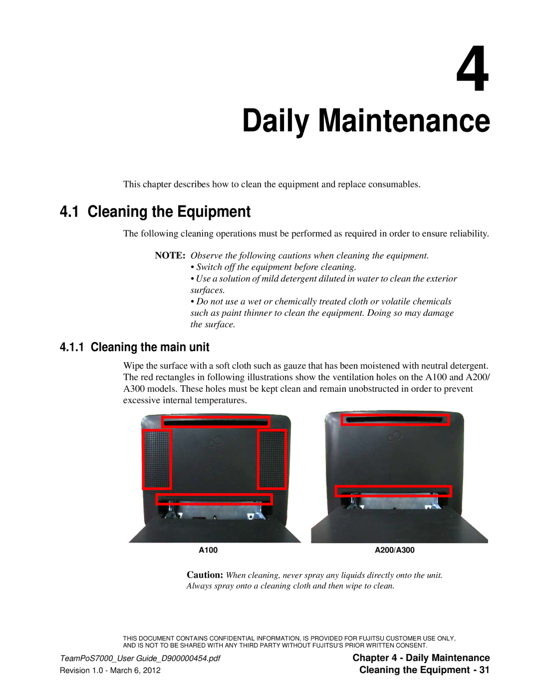 Fujitsu 7000 manual Daily Maintenance, Cleaning the Equipment, Cleaning the main unit 