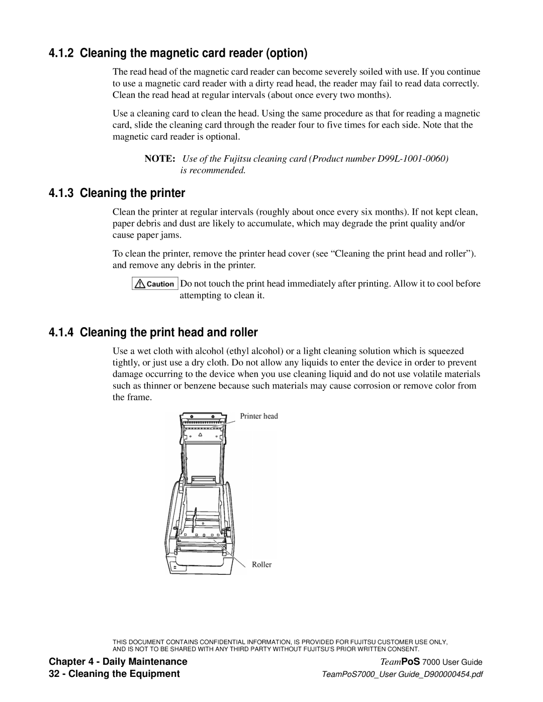 Fujitsu 7000 manual Cleaning the magnetic card reader option, Cleaning the printer, Cleaning the print head and roller 