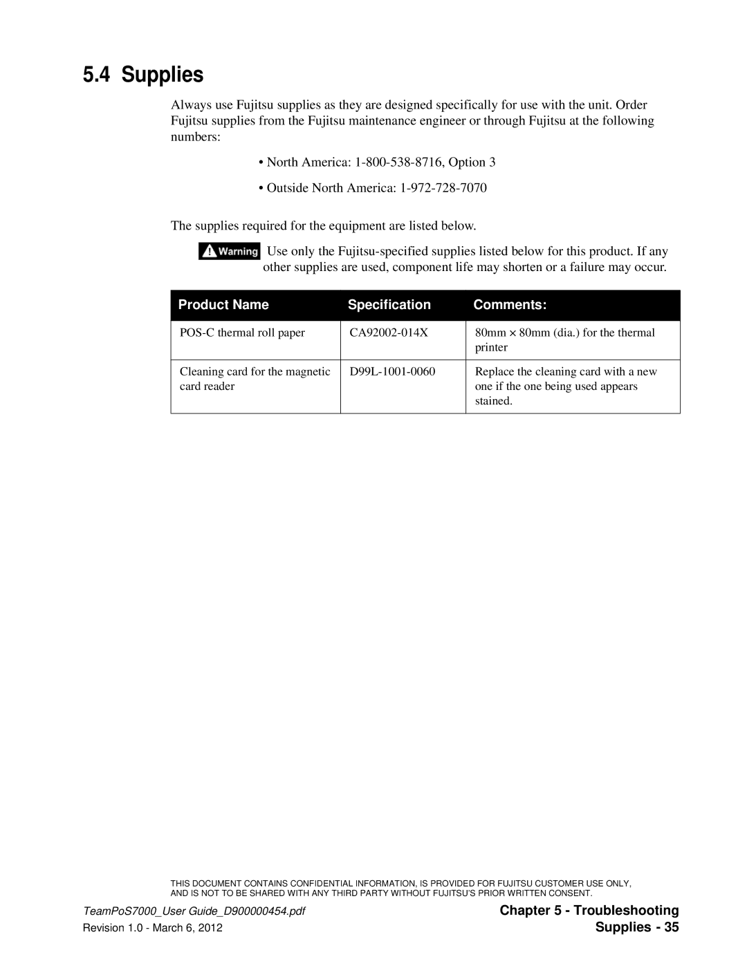 Fujitsu 7000 manual Supplies, Product Name Specification Comments 