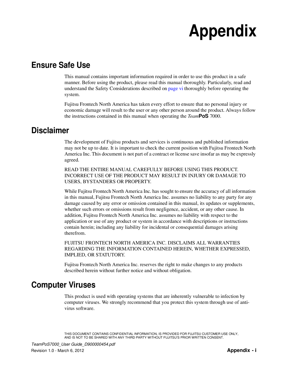 Fujitsu 7000 manual Appendix, Ensure Safe Use, Disclaimer, Computer Viruses 