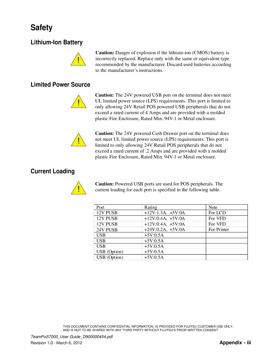 Fujitsu 7000 manual Safety, Lithium-Ion Battery Limited Power Source Current Loading 