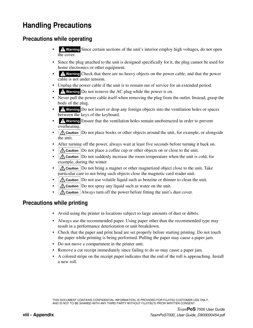 Fujitsu 7000 manual Handling Precautions, Precautions while operating, Precautions while printing 