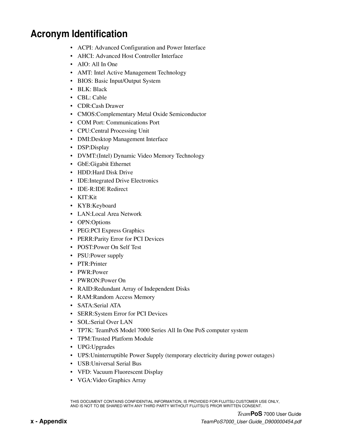 Fujitsu 7000 manual Acronym Identification 
