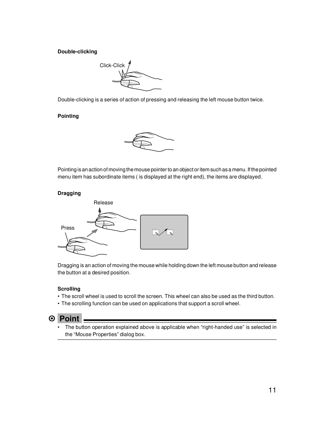 Fujitsu 8000 SERIES user manual Double-clicking, Pointing, Dragging, Scrolling 