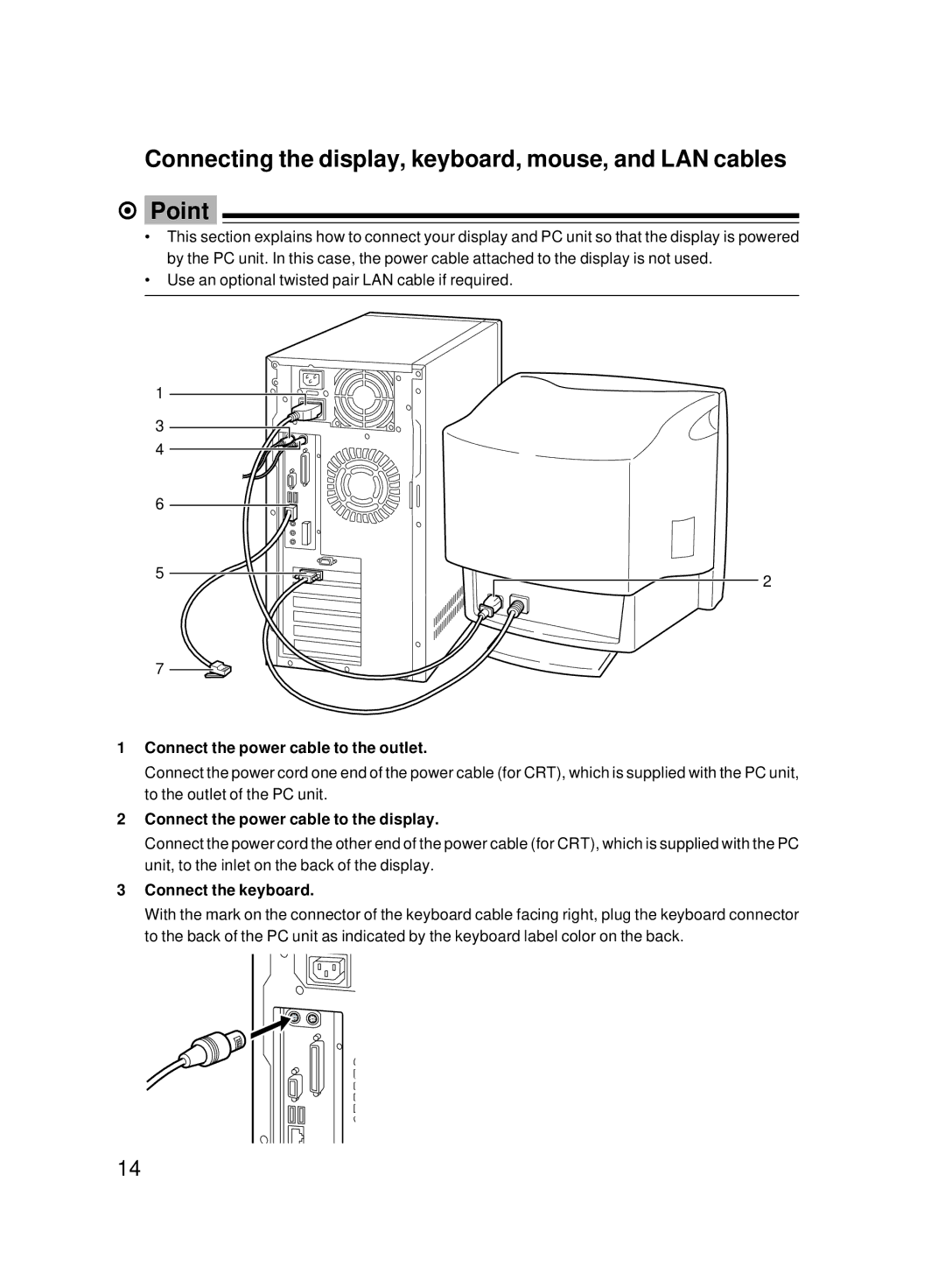 Fujitsu 8000 SERIES Connect the power cable to the outlet, Connect the power cable to the display, Connect the keyboard 