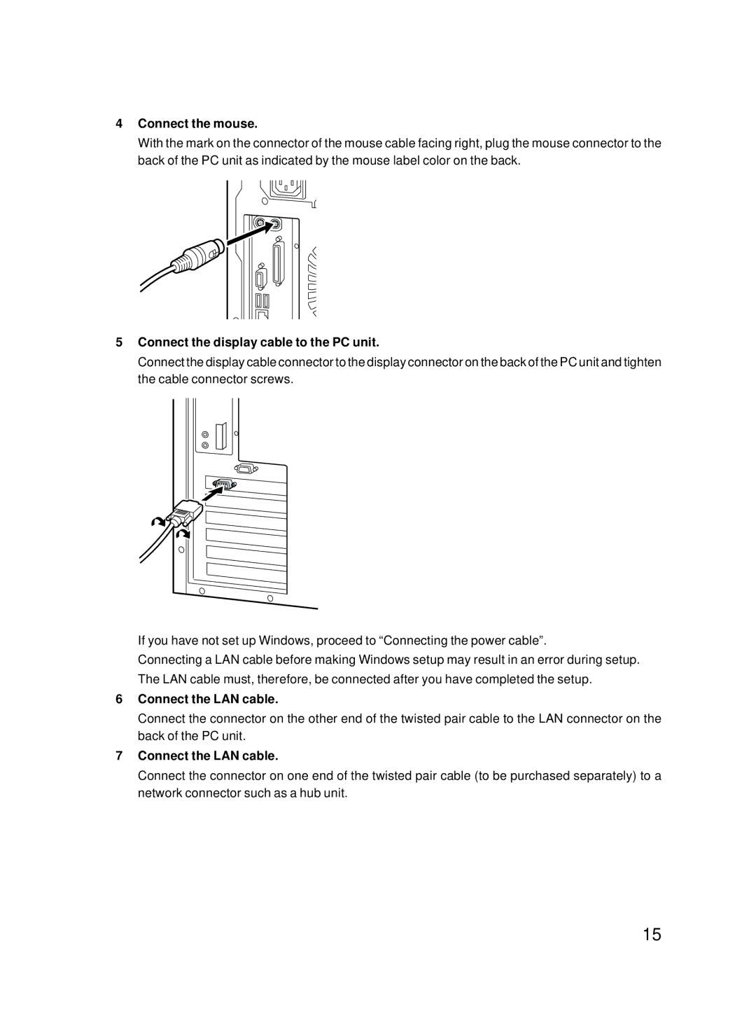 Fujitsu 8000 SERIES user manual Connect the mouse, Connect the display cable to the PC unit, Connect the LAN cable 