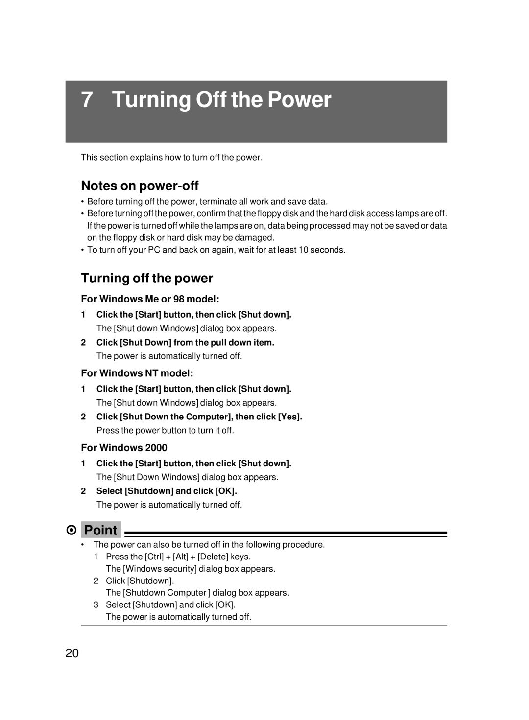 Fujitsu 8000 SERIES Turning Off the Power, Turning off the power, For Windows Me or 98 model, For Windows NT model 