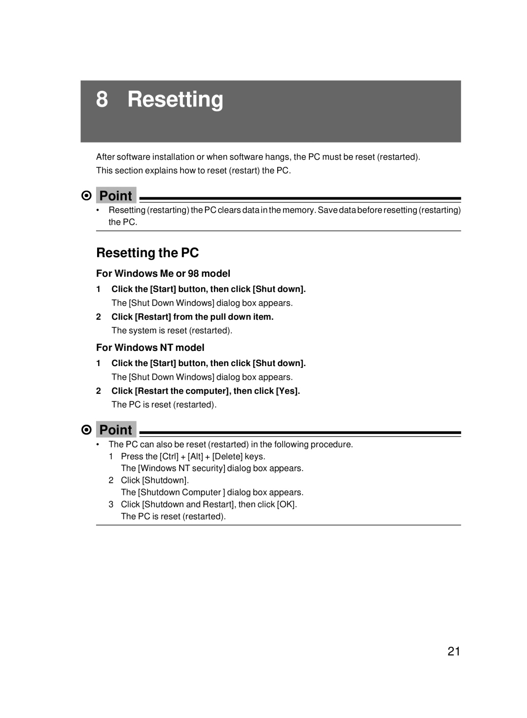 Fujitsu 8000 SERIES user manual Resetting the PC 