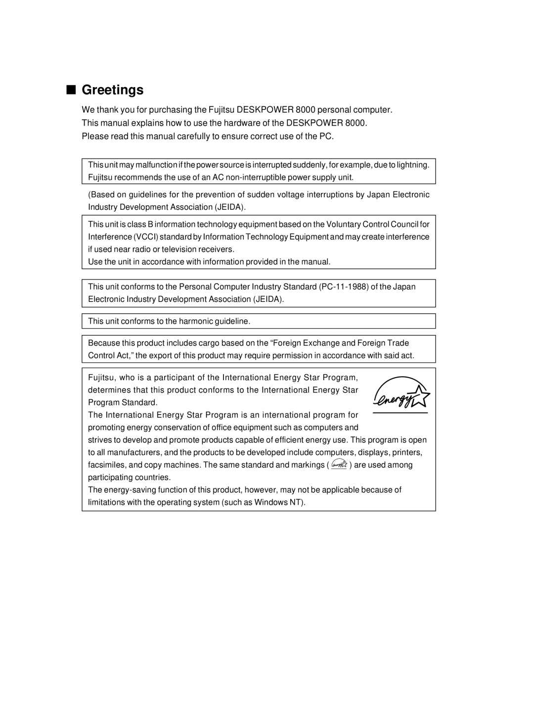 Fujitsu 8000 SERIES user manual Greetings 