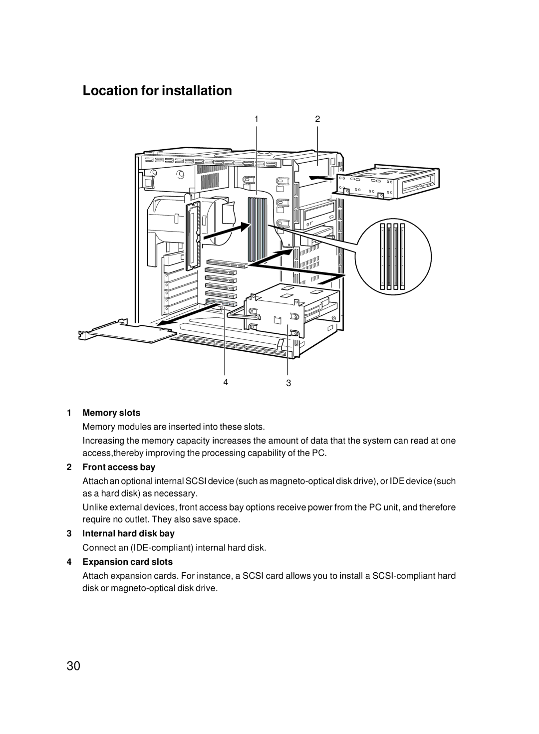 Fujitsu 8000 SERIES user manual Location for installation, Memory slots 